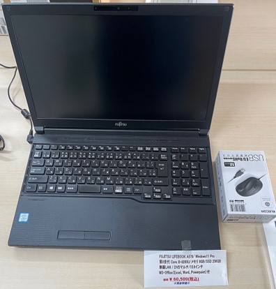 
															FUJITSU LIFEBOOK A579/Windows11Pro<br>
 														Core i5-8265U/8GB/SSD256GB<br>
 													15.6インチ/無線LAN/DVDマルチ<br>
 												MS Office（Excel、Word、Powerpoint）付<br>
												価格￥60,500円〈税込〉※現金特価※
												